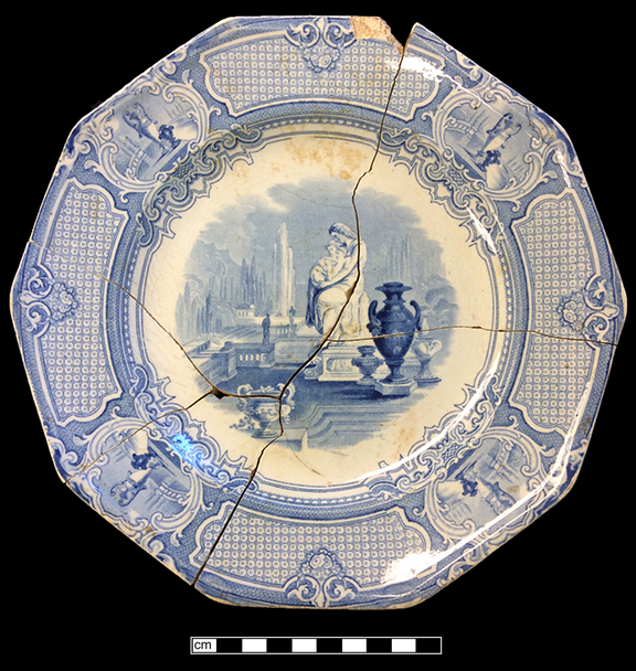 Printed underglaze refined white earthenware 10-sided plate with classical motif pattern named “Corrella”. Printed manufacturer’s mark on reverse for W. Barker & Son, Staffordshire (1850-1860).